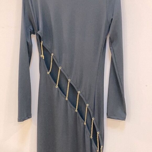 Mapale Black Long Sleeve Chain Wrap Around Detail Maxi Dress w/side slit - Picture 4 of 7